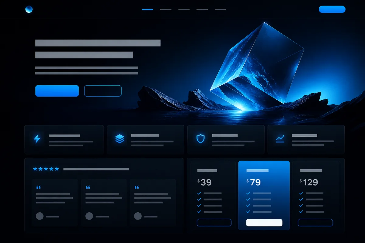 Exemplo de landing page premium em azul e preto